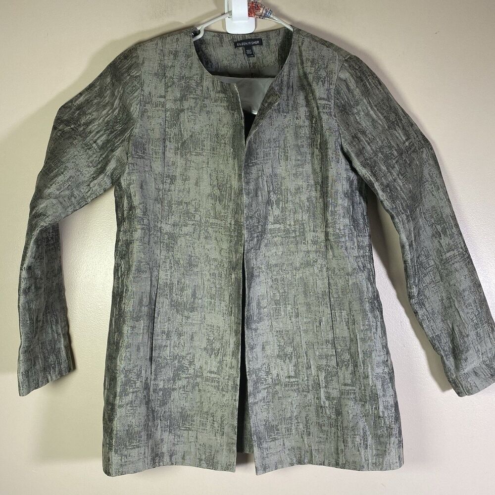 Eileen Fisher Jacket Women XS Open Front Collarless Blazer Jacket  Textured Gray